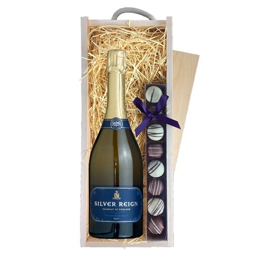 Silver Reign Brut English Sparkling 75cl & Truffles, Wooden Box